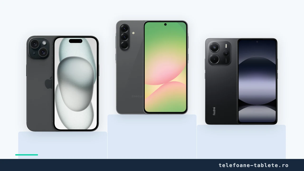 Apple iPhone 15, Samsung Galaxy A56 si Xiaomi Redmi Note 14