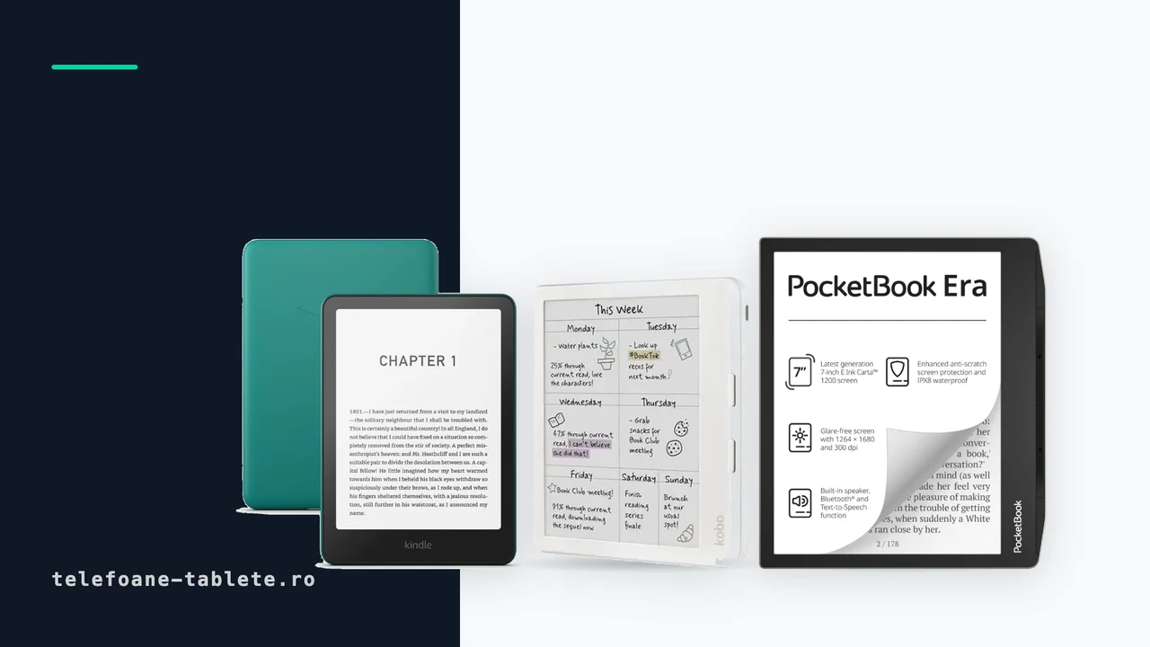 Kindle Paperwhite 2024, Kobo Libra Colour si PocketBook Era, comparate pe specificatia de tehnologie a ecranului