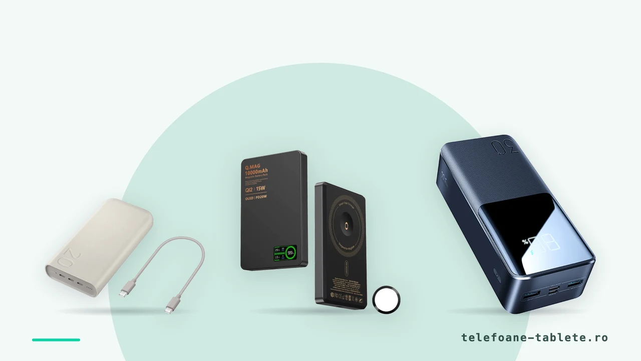 Baterii externe Samsung 20.000 mAh, ESL QI2 magnetica si Joyroom 30.000 mAh, comparate pe capacitate si greutate