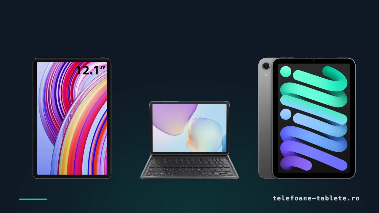 Trei tablete comparate: Xiaomi Redmi Pad Pro, Huawei MatePad cu tastatura si Apple iPad mini 7