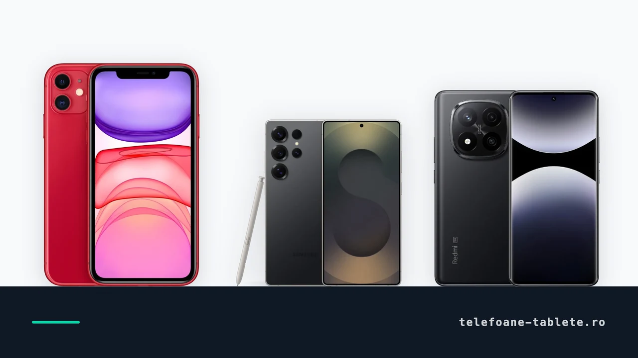 Trei telefoane comparate: iPhone 11 rosu, Samsung Galaxy S25 Ultra si Xiaomi Redmi Note 14 Pro+
