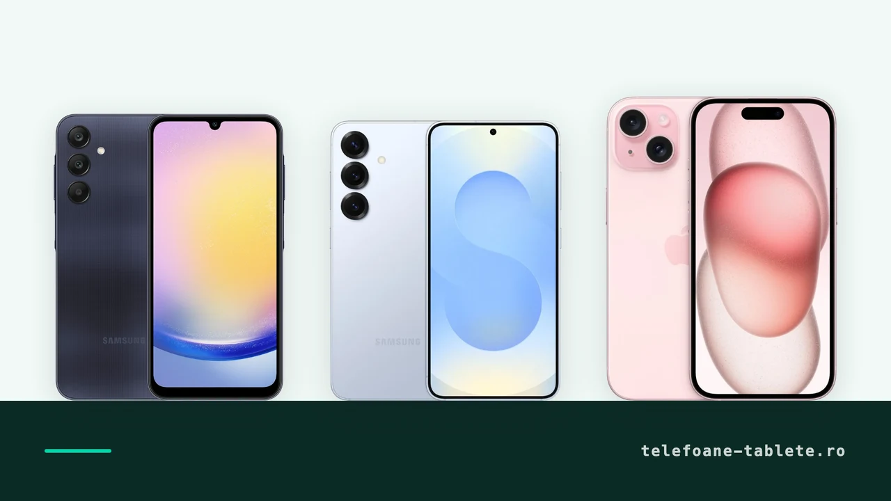 Trei telefoane cu ecran AMOLED comparate: Samsung Galaxy A25, Galaxy S25 si Apple iPhone 15