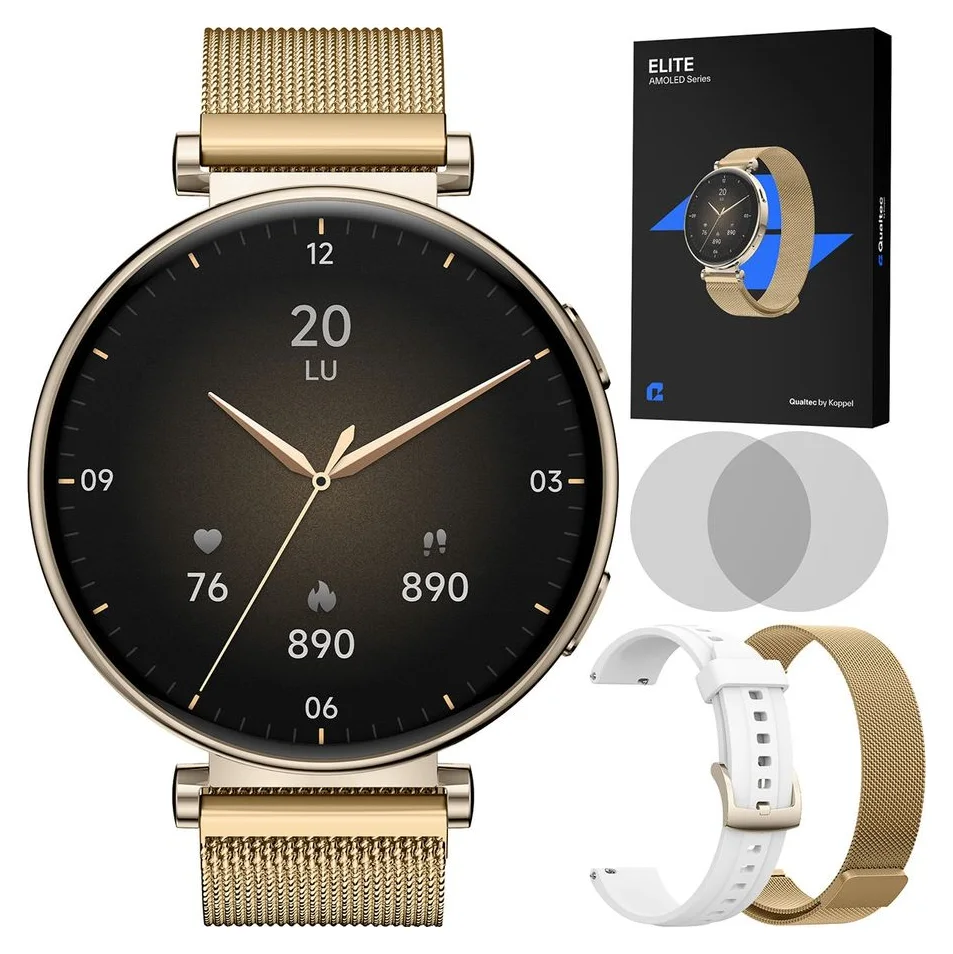 Ceas smartwatch dama Qualtec by Koppel, AMOLED rotund 1.32 inch, auriu