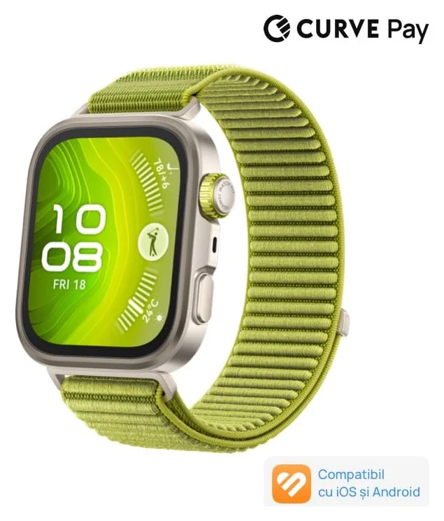 Huawei Watch Fit 4 Pro, Titanium Color Body with Green Woven Strap